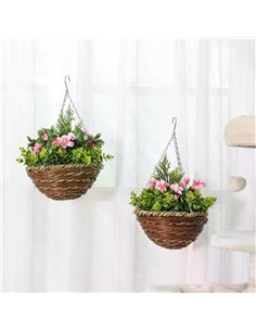 Outsunny Set of 2 Artificial Plant Lisianthus Flowers Hanging Planter with Basket for Indoor Outdoor Decoration 844-360
