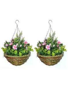 Outsunny Set of 2 Artificial Plant Lisianthus Flowers Hanging Planter with Basket for Indoor Outdoor Decoration 844-360 2