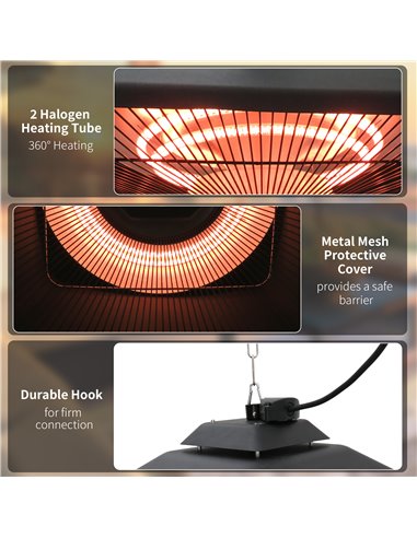 Outsunny 2kw Outdoor Hanging Ceiling Mounted Aluminium Halogen Electric Heater LED Garden Patio Warmer w/Remote Control 842-063