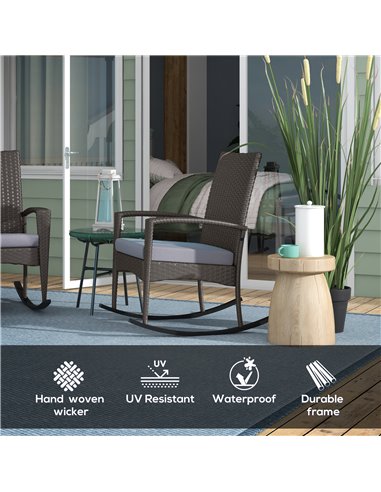 Outsunny Outdoor PE Rattan Rocking Chair Set of 2, Garden Rocking Chair Set with Armrest and Cushion, Grey 867-P003