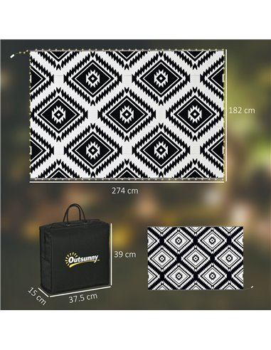 Outsunny Reversible Outdoor Rug with LED Lights, Plastic Straw, 182 x 274cm, Black and White 844-836V00MX