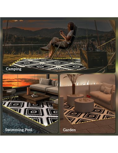 Outsunny Reversible Outdoor Rug with LED Lights, Plastic Straw, 182 x 274cm, Black and White 844-836V00MX