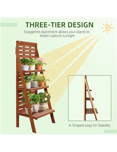Outsunny Solid Wood Three-Tier Plant Rack Outdoor Organiser Unit Flower Herb Stand Ladder Design Storage Holder 845-274