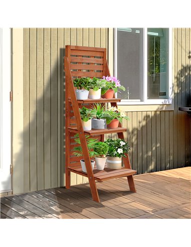 Outsunny Solid Wood Three-Tier Plant Rack Outdoor Organiser Unit Flower Herb Stand Ladder Design Storage Holder 845-274