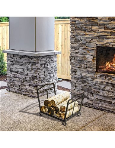 Outsunny Firewood Log Rack Fireplace Log Holder Wood Storage Rack with Scrolls, Foldable, 48x34x37cm, Black 842-200