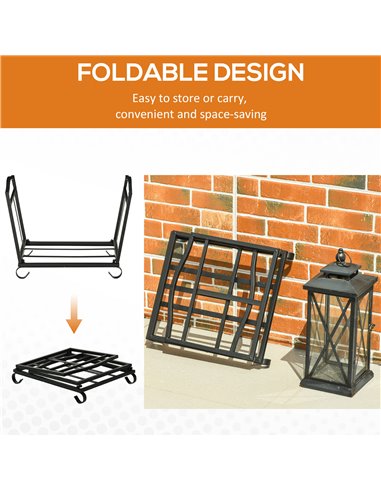 Outsunny Firewood Log Rack Fireplace Log Holder Wood Storage Rack with Scrolls, Foldable, 48x34x37cm, Black 842-200
