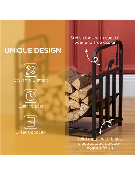 Outsunny Firewood Log Rack Curved Fireplace Log Holder Wood Storage Rack w/ Handles, Bear Shape Design, 42 x 33.5 x 43 cm, Black - pic 84839 | FastDaddyshop
