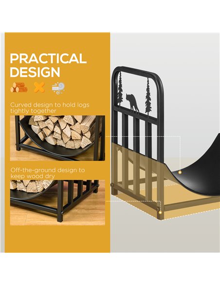 Outsunny Firewood Log Rack Curved Fireplace Log Holder Wood Storage Rack w/ Handles, Bear Shape Design, 42 x 33.5 x 43 cm, Black - pic 84840 | FastDaddyshop