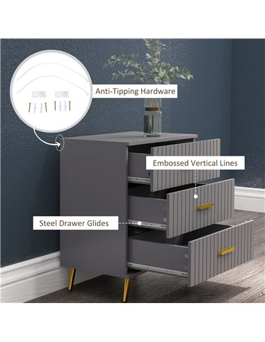 HOMCOM Bedroom Chest of Drawers, Modern 3-Drawer Dresser, Storage Drawer Unit with Aluminium Legs, Dark Grey 831-772V80CG