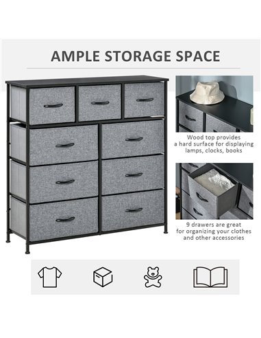 HOMCOM 9 Drawers Storage Chest Dresser Organizer Unit , Easy Pull Fabric Bins, for Bedroom, Hallway, Entryway, Black & Grey 831-
