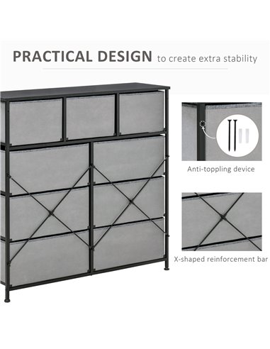 HOMCOM 9 Drawers Storage Chest Dresser Organizer Unit , Easy Pull Fabric Bins, for Bedroom, Hallway, Entryway, Black & Grey 831-