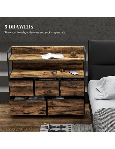 HOMCOM Rustic Chest of Five Fabric Drawers - Brown Wood Effect 831-762V00RB