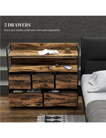HOMCOM Rustic Chest of Five Fabric Drawers - Brown Wood Effect 831-762V00RB - pic 85055 | FastDaddyshop