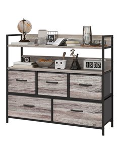 HOMCOM Rustic Chest of Five Fabric Drawers - Grey Wood Effect 831-762V00GY