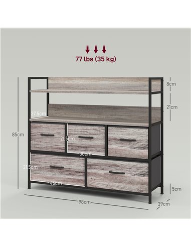 HOMCOM Rustic Chest of Five Fabric Drawers - Grey Wood Effect 831-762V00GY