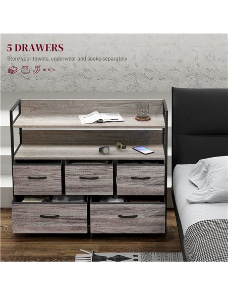 HOMCOM Rustic Chest of Five Fabric Drawers - Grey Wood Effect 831-762V00GY - pic 85064 | FastDaddyshop