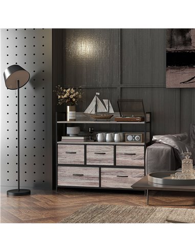 HOMCOM Rustic Chest of Five Fabric Drawers - Grey Wood Effect 831-762V00GY