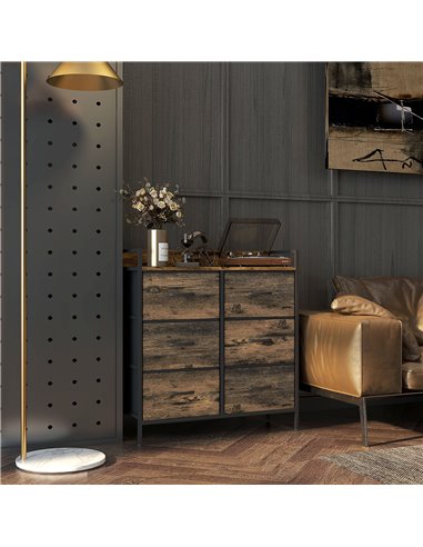 HOMCOM Rustic Chest of Six Fabric Drawers - Brown Wood Effect 831-763V00RB
