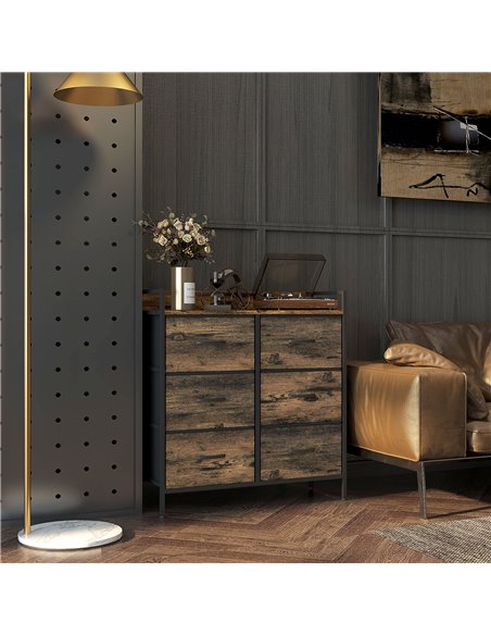 HOMCOM Rustic Chest of Six Fabric Drawers - Brown Wood Effect 831-763V00RB - pic 85071 | FastDaddyshop