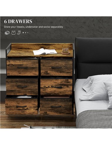 HOMCOM Rustic Chest of Six Fabric Drawers - Brown Wood Effect 831-763V00RB