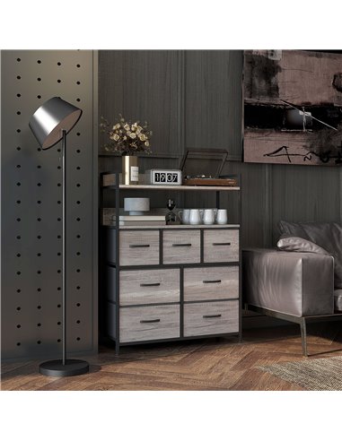 HOMCOM Rustic Chest of Seven Fabric Drawers - Grey Wood Effect 831-764V00GY