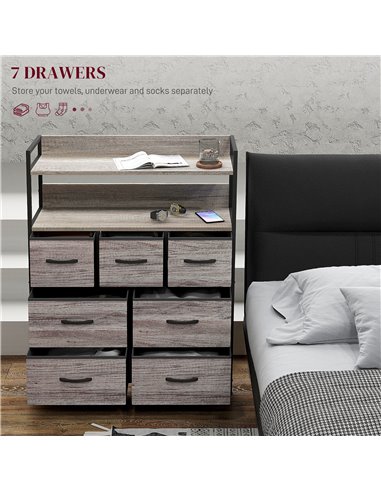 HOMCOM Rustic Chest of Seven Fabric Drawers - Grey Wood Effect 831-764V00GY