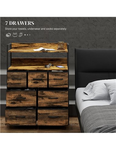 HOMCOM Rustic Chest of Seven Fabric Drawers - Brown Wood Effect 831-764V00RB