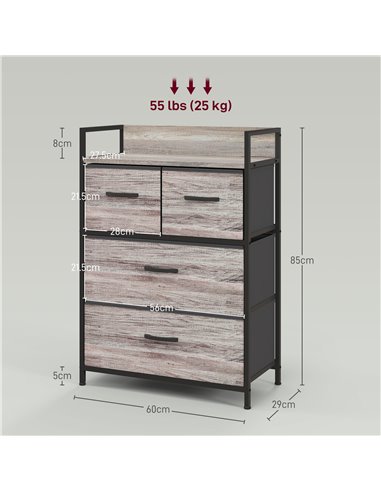 HOMCOM Rustic Chest of Four Fabric Drawers - Grey Wood Effect 831-760V00GY