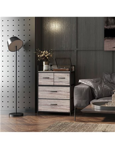 HOMCOM Rustic Chest of Four Fabric Drawers - Grey Wood Effect 831-760V00GY