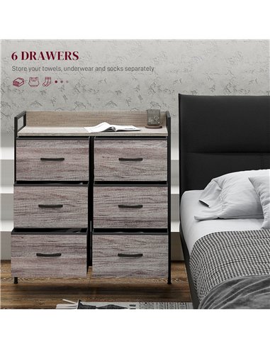 HOMCOM Rustic Chest of Six Fabric Drawers - Grey Wood Effect 831-763V00GY