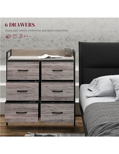 HOMCOM Rustic Chest of Six Fabric Drawers - Grey Wood Effect 831-763V00GY - pic 85109 | FastDaddyshop