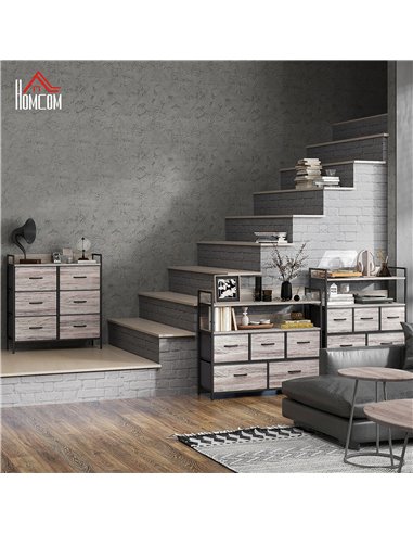 HOMCOM Rustic Chest of Six Fabric Drawers - Grey Wood Effect 831-763V00GY