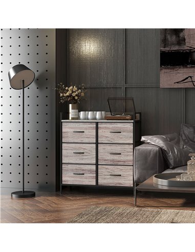 HOMCOM Rustic Chest of Six Fabric Drawers - Grey Wood Effect 831-763V00GY