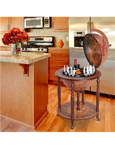 HOMCOM Retro Globe Bar Cabinet: Movable Wine & Beverage Trolley with Glass Bottle Holder, 45cm, Chestnut 801-072