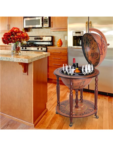 HOMCOM Retro Globe Bar Cabinet: Movable Wine & Beverage Trolley with Glass Bottle Holder, 45cm, Chestnut 801-072 - pic 85179 | FastDaddyshop