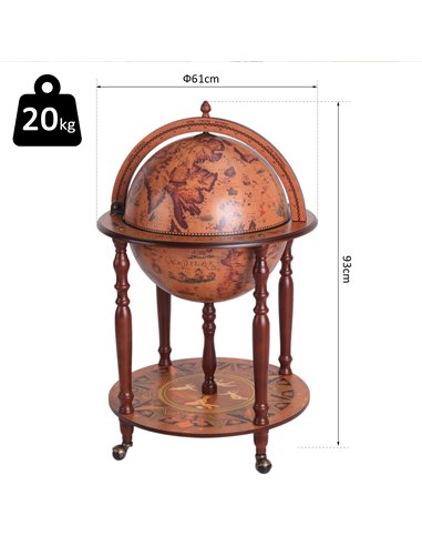 HOMCOM Retro Globe Bar Cabinet: Movable Wine & Beverage Trolley with Glass Bottle Holder, 45cm, Chestnut 801-072