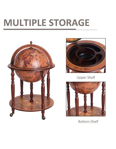 HOMCOM Retro Globe Bar Cabinet: Movable Wine & Beverage Trolley with Glass Bottle Holder, 45cm, Chestnut 801-072 - pic 85183 | FastDaddyshop