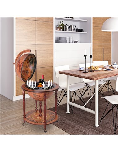 HOMCOM Retro Globe Bar Cabinet: Movable Wine & Beverage Trolley with Glass Bottle Holder, 45cm, Chestnut 801-072