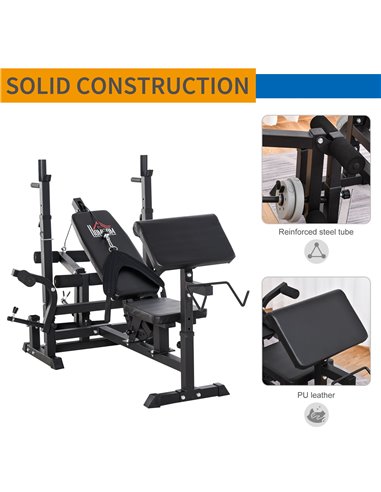 HOMCOM Multi-Exercise Full-Body Weight Rack with Bench Press, Leg Extension, Chest Fly Resistance Band & Preacher Curl A91-131BK