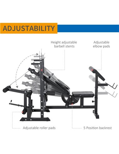 HOMCOM Multi-Exercise Full-Body Weight Rack with Bench Press, Leg Extension, Chest Fly Resistance Band & Preacher Curl A91-131BK