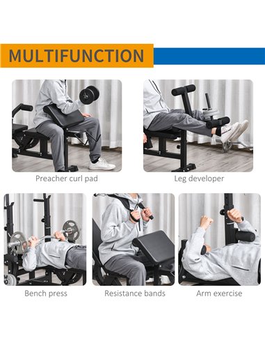 HOMCOM Multi-Exercise Full-Body Weight Rack with Bench Press, Leg Extension, Chest Fly Resistance Band & Preacher Curl A91-131BK