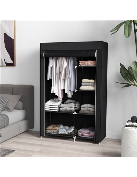 HOMCOM Fabric Wardrobe, Portable Wardrobe with 6 Shelves, 1 Hanging Rail, Foldable Closets, 103 x 43 x 162.5 cm, Black 850-213V0 - pic 85359 | FastDaddyshop