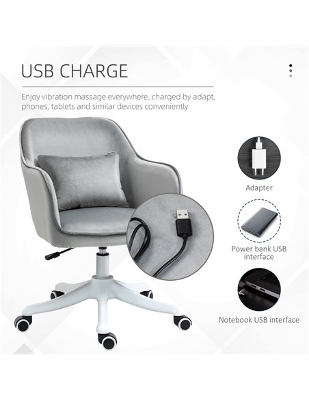 Vinsetto Velvet-Feel Office Chair with Rechargeable Electric Vibration Massage Lumbar Pillow, Wheels, Grey - pic 8536 | FastDaddyshop