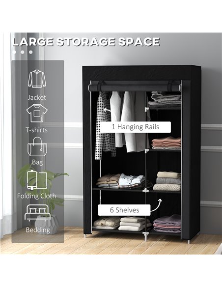 HOMCOM Fabric Wardrobe, Portable Wardrobe with 6 Shelves, 1 Hanging Rail, Foldable Closets, 103 x 43 x 162.5 cm, Black 850-213V0 - pic 85361 | FastDaddyshop
