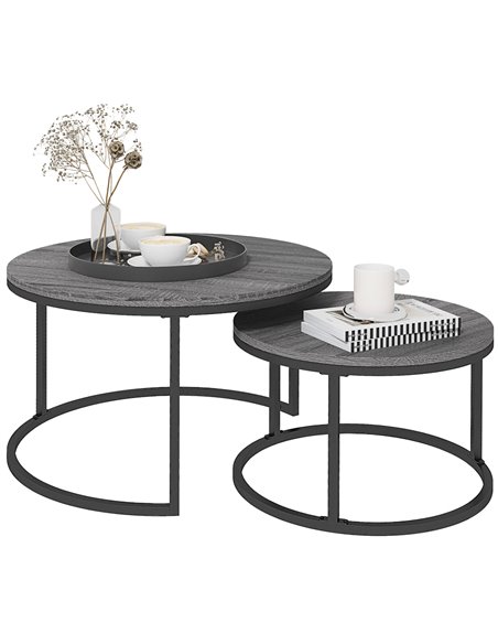 HOMCOM Industrial Nesting Coffee Table Set of 2, Round Coffee Tables, Living Room Table with Wood Effect Top and Steel Frame 833 - pic 85475 | FastDaddyshop