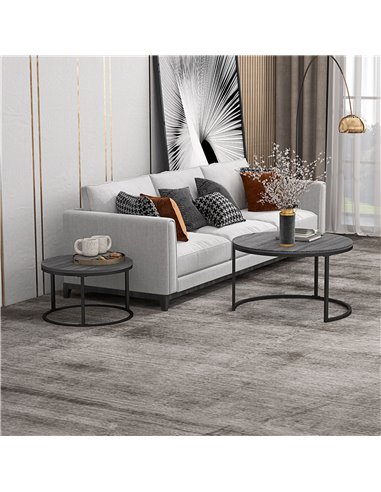 HOMCOM Industrial Nesting Coffee Table Set of 2, Round Coffee Tables, Living Room Table with Wood Effect Top and Steel Frame 833