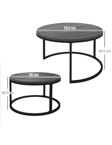 HOMCOM Industrial Nesting Coffee Table Set of 2, Round Coffee Tables, Living Room Table with Wood Effect Top and Steel Frame 833