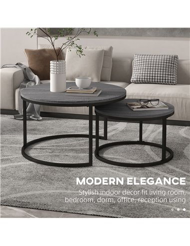 HOMCOM Industrial Nesting Coffee Table Set of 2, Round Coffee Tables, Living Room Table with Wood Effect Top and Steel Frame 833