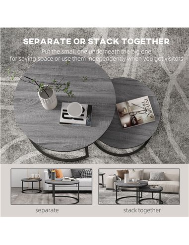 HOMCOM Industrial Nesting Coffee Table Set of 2, Round Coffee Tables, Living Room Table with Wood Effect Top and Steel Frame 833