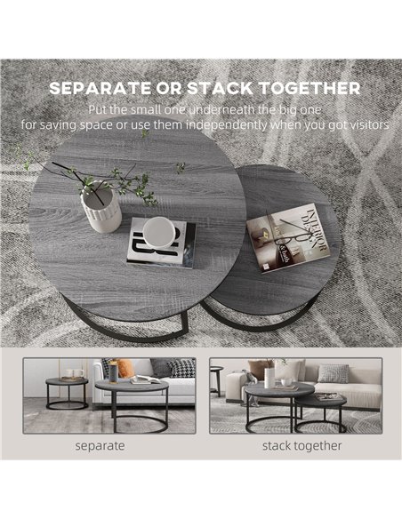 HOMCOM Industrial Nesting Coffee Table Set of 2, Round Coffee Tables, Living Room Table with Wood Effect Top and Steel Frame 833 - pic 85479 | FastDaddyshop